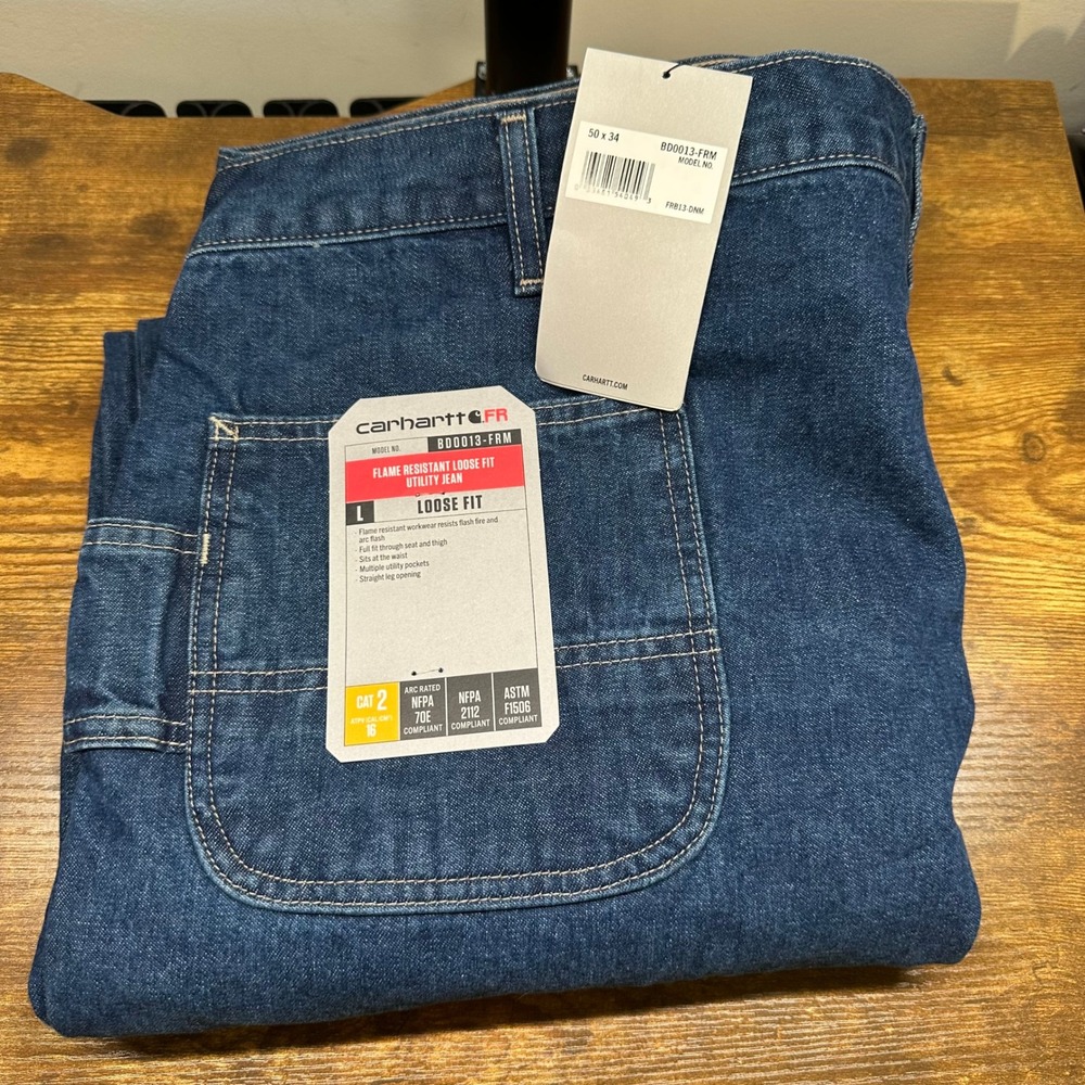 NEW Carhartt FR Flame Resistant Loose Fit Utility Jean 50x34 Navy BD0013-FRM